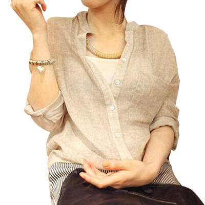 

Spring Women Shirt Cotton Linen Thin Loose Solid Color Stand Collar Tops
