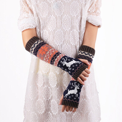 

New Fingerless Knitted Gloves Winter Warm Long Arm Warmer Mittens Xmas Deers