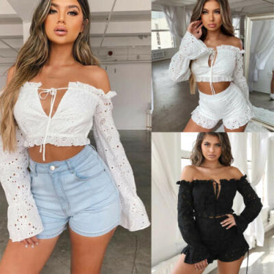 

Womens Sexy V Neck T Shirt Blouse Pullover Ladies Casual Lace Tee Tops Plus Size