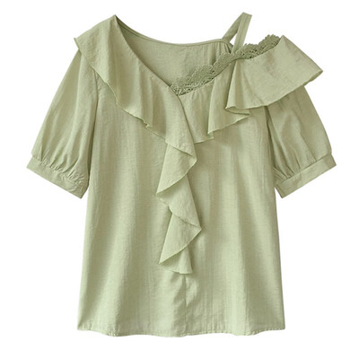 

Women Summer flounced chiffon Solid Color Off Shoulder Stitching Round Neck Short Sleeve Hollow Chiffon Casual Shirt