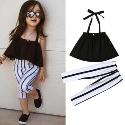 

Toddler Baby Girls Summer Strap Halter TopsStriped Long Pants 2Pcs Outfits Clothes Set 1-6T