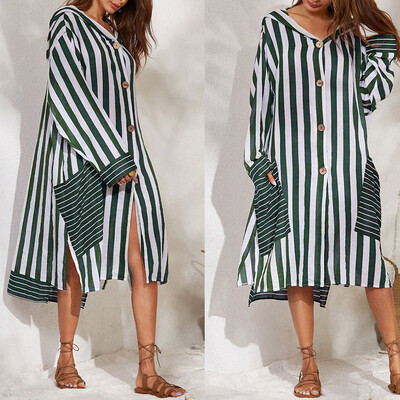 

Tailored LadiesAutumn And Winter Fashion Stripe V-Neck And Cap Loose Long Sleeve Dresses