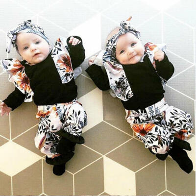 

US Toddler Baby Girl Kid Fly-Sleeve Tops Romper Flower Trousers Headband Clothes