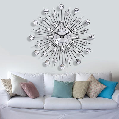 

33CM SILVER DIAMANTE BEADED JEWELED ROUND SUNBURST METAL WALL CLOCK