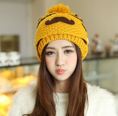 

New Korean version with velvet warm moustache mask Thickened knitted hat Ladies winter wool cap