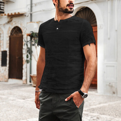 

Toponeto Mens Baggy Cotton Linen Solid Color Button Short Sleeve T Shirts Tops Blouses
