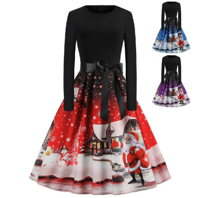 

Cross-border womens wholesale Europe&America retro round neck long-sleeved Santa snow house print big swing dress X3110 blue