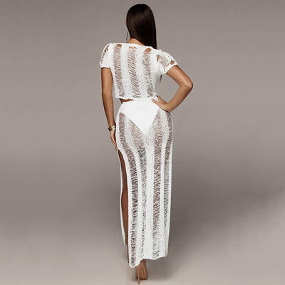 

Sexy Women Two-piece Set Sheer Knitted Crop Top V Neck Bodycon Slim Split Long Skirt Solid Suits BlackWhiteCamel