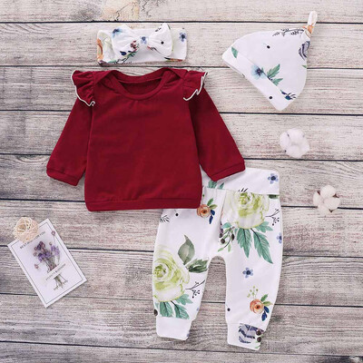 

4PCS Toddler Baby Girls Floral Print Top Pants Cap Headband Ruffles Outfits Set