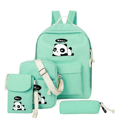 

4pcsSet Cute Women Girls Panda Print Backpacks Canvas Shoulder Schoolbags