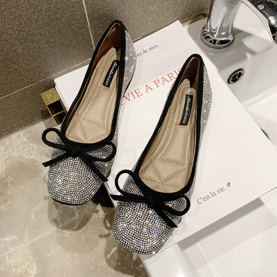 

Square-headed Single Shoe Woman Summer Korean Edition Fashion Water Diamond Bow Flat Bottom Bean Shoes Chic Fairy Wind