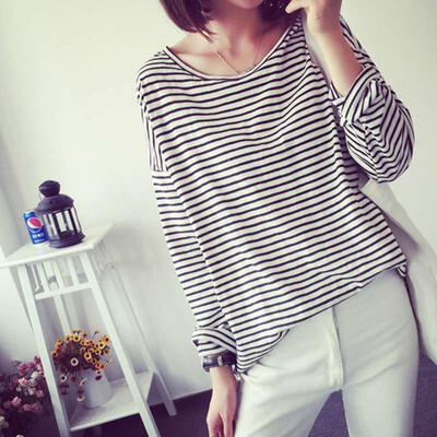 

Spring&Autumn O-Neck Striped T-Shirt Women Casual Loose Long-sleeved T-Shirt