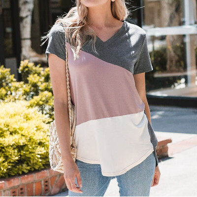 

Womens Simple Tshirt Casual V Neck Color Block Geometric Short Sleeve Basic Poleras Mujer De Moda