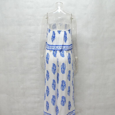 

Sexy Women Two-piece Set Strapless Crop Top Wide Leg Pants Floral Striped Print Split Beach Boho Suits Outfits WhiteRedBlue