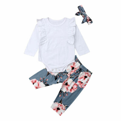 

UK Cute Newborn Toddler Baby Girls Flower Top Romper Long Pants Outfits Clothes