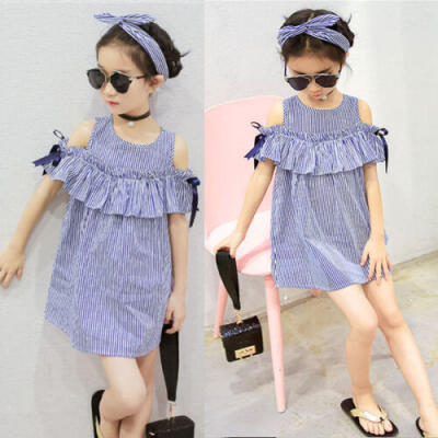 

New Toddler Kids Baby Girls Clothes Striped Off-shoulder Party Gown Formal Dress