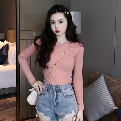

Sexy Temperament Slash Neck Lace Long-sleeved T-shirt Slim Solid Color Striped T-shirt