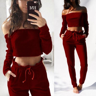 

2pcs Women Crop Top Blouse Off Shoulder Shirt Pants Leggings Trouser Outfit