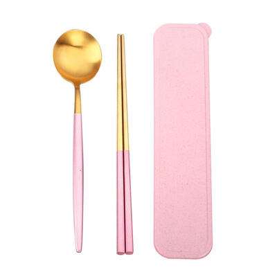 

2pcs Stainless Steel Cutlery Set Wheat Box Spoon Chopsticks with Mesh Bag