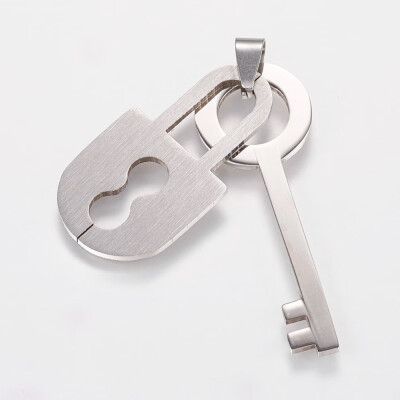 

304 Stainless Steel Pendants Key&Lock Stainless Steel Color Key 49x18x1mm Lock 38x20x1mm Hole 35x6mm