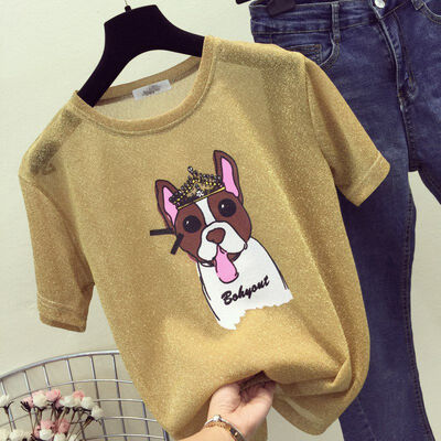 

Women Casual Round Neck Loose Tops Bright Silk Cartoon Puppy Print Girl Pullover Short-sleeved Sunscreen Woman T-shirts