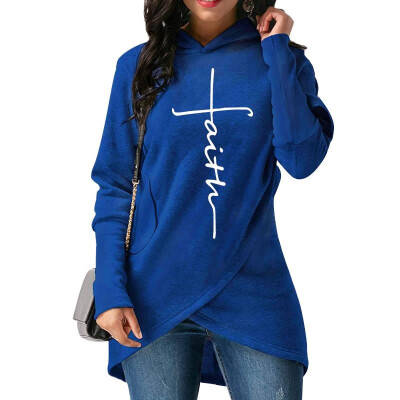 

Fashion Women Hoodie Faith Letter Print Asymmetric Casual Loose Coat Pullover Sweatshirts Hooded Tops