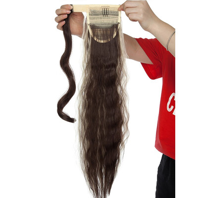 

20 Inch Long Corn Wave Ponytail Extension Magic Paste Heat Resistant Wavy Synthetic Wrap Around Ponytail Black Hairpiece for Women