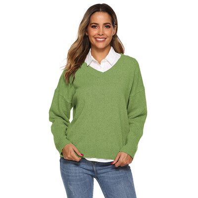 

Fashion New V-neck Solid Color Loose Long-sleeved Pullover Sweater