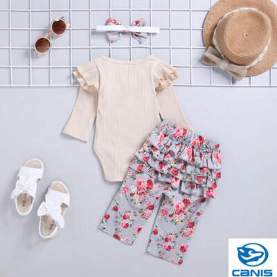 

3PCS Newborn Baby Girl Autumn Cotton Romper Bodysuit Flower Pants Casual Outfits