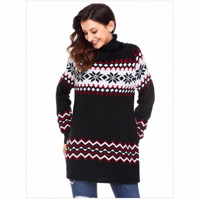 

High collar long sleeve print pullover sweater casual knit sweater