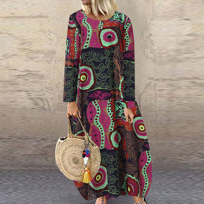 

Tailored Women Plus Size Ladies Vintage Print Slim Long Sleeve Casual Long Dress