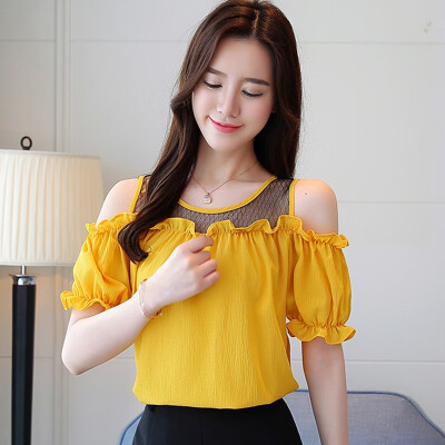 

Women Lantern Sleeve Blouse Mesh Stitching Shirt Hollow Out Women Blouse And Tops Slash Neck blusas mujer de moda