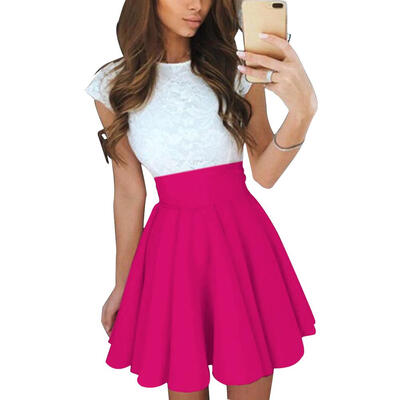

Lace Dress Splicing Cup Sleeve O-neck Women Belt Pleated A-line Dresses