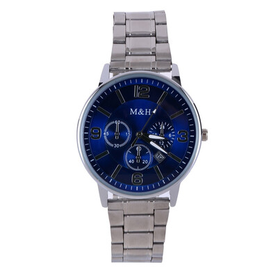 

Gobestart Simple Mens Calendar Watch Three Eyes Dial Stainless Steel Belt Quartz Watch