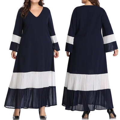 

Tailored Fashion Women Casual Plus Size V-Neck Color Block Long Sleeve Loose Dress