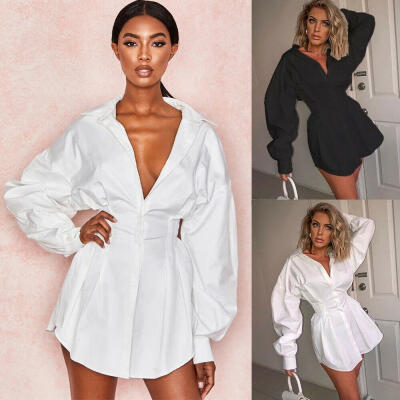 

2019 Women&39s Shirt Dress Deep V Neck Long Sleeve Sexy Shirt Solid Color Button Down Autumn Dress for Dating Party Clubwear