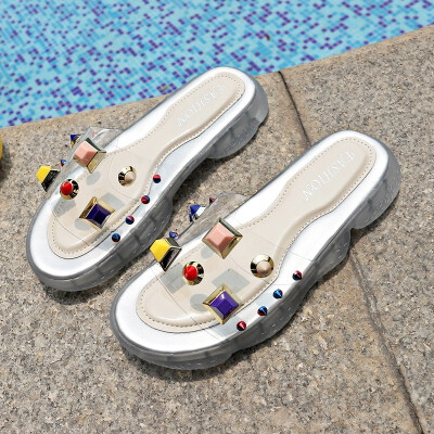 

Slippers wear ins overfire 2019 new summer rivets transparent thick soled jelly shoes trend beach cool drag