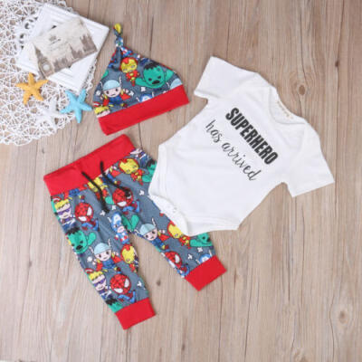 

Newborn Infant Baby Boy Outfits Superhero Romper T-shirtLong Pants Hat 3pcs Set