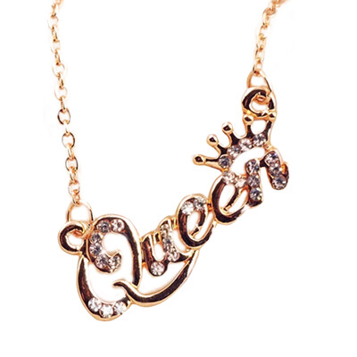 

Elegant Jewelry Letter Queen Pendant Shiny Rhinestone Clavicle Chain Necklace