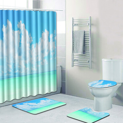 

Gobestart 4PCS Sea Style Non Slip Toilet Polyester Cover Mat Set Bathroom Shower Curtain