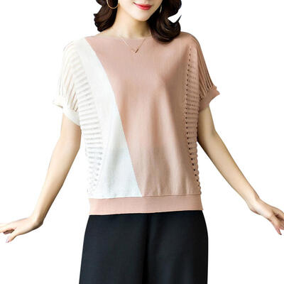 

Splicing Color Knitting Tees Tops Women Round Neck Batwing Sleeve T-shirts