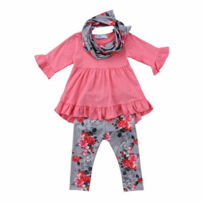 

Newborn Kids Baby Girls Clothes Outfits Ruffle Tops DressFloral PantsScarf Set