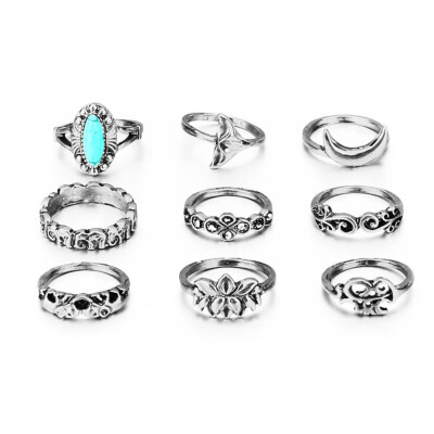 

Personality 9 Sets of Rings Retro Totem Elephant Turquoise Fish Tail Joint Ring Suit Fish Joint Ring 9 Pcs Set