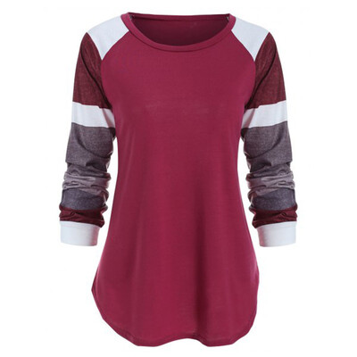 

Nomeni Womens Long Sleeve Round Neck Striped Top Patchwork Tunic Blouse Shirt