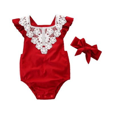 

Newborn Baby Girls Clothes Sleeveless Lace Rround Neck BodysuitBow Headband 2pc Cotton Kids Toddler Cute Outfits