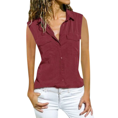 

Starmoon Women Casual Solid Sleeveless Turn Down Collar Pockets Button Front Shirt Tops