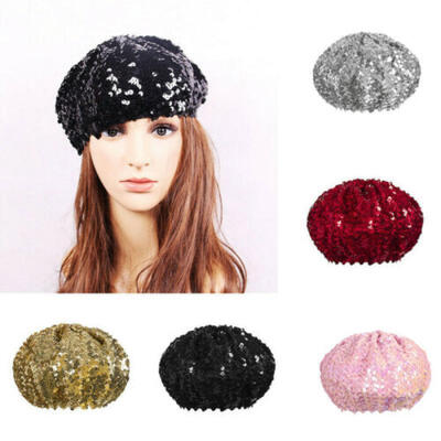 

Women Sequin Bling Stretch Metallic Shining French Beret Hat Beanie Clubwear Cap