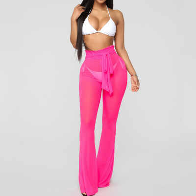 

Fashion Women Solid Mesh Perspective High Waist Bandage Casual Beach Long Pants