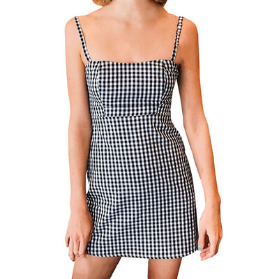 

Women Summer Backless Plaid Printed Sleeveless Party Mini Dress Sexy Sling Dress Off Shoulder Dress