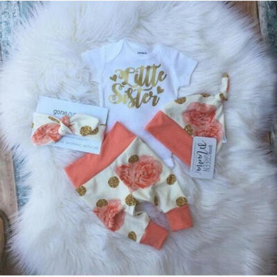 

US Seller 4Pcs Newborn Baby Girl Flower Romper Long Pants Legging Hat Outfit Set